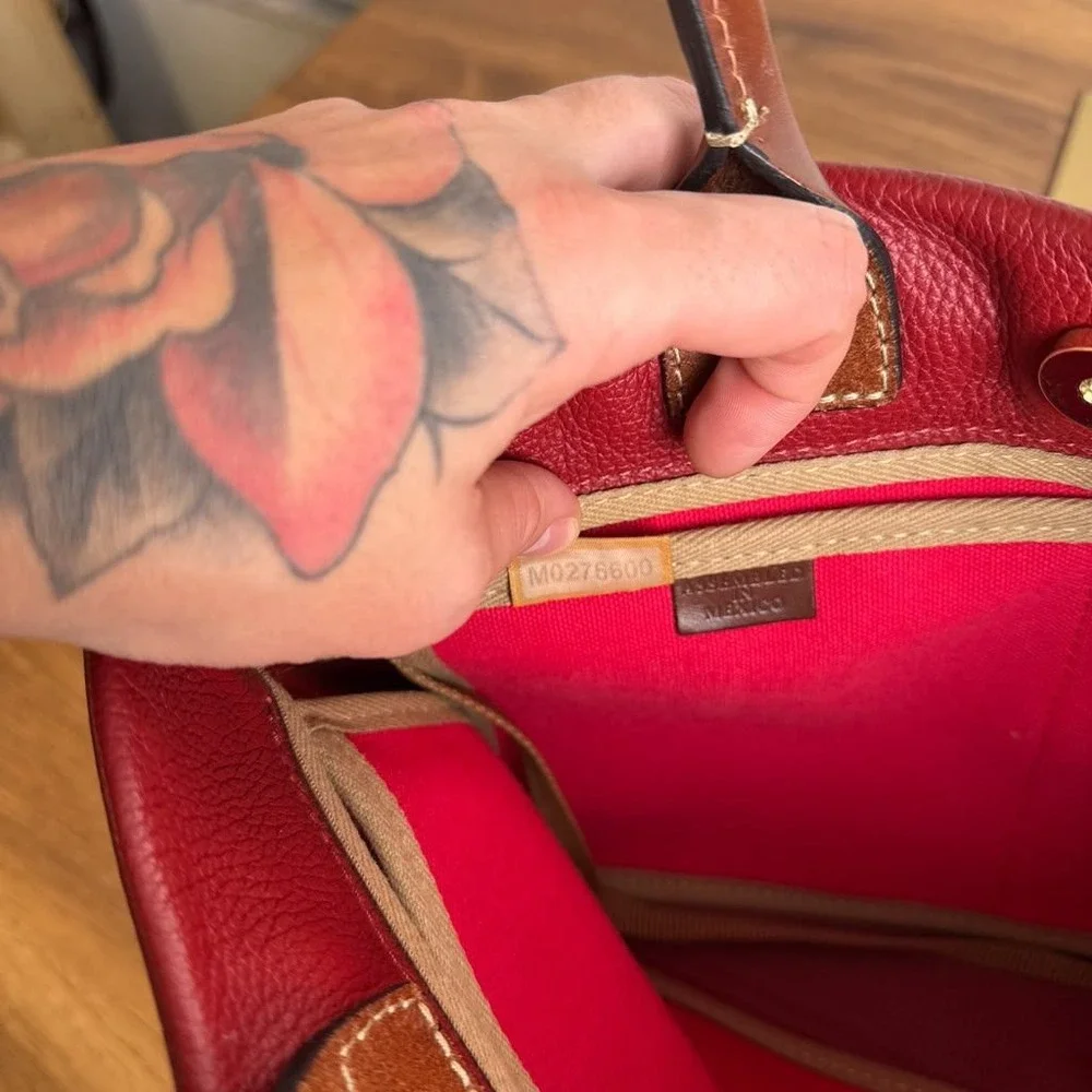 Dooney & Bourke Wakefield Tassel Tote Bag Red Brown Trim Pebble Leather